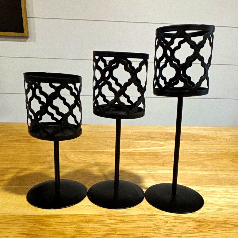 Set of 3 Black Metal Round Freestanding Votive Candle Holders, Geometric